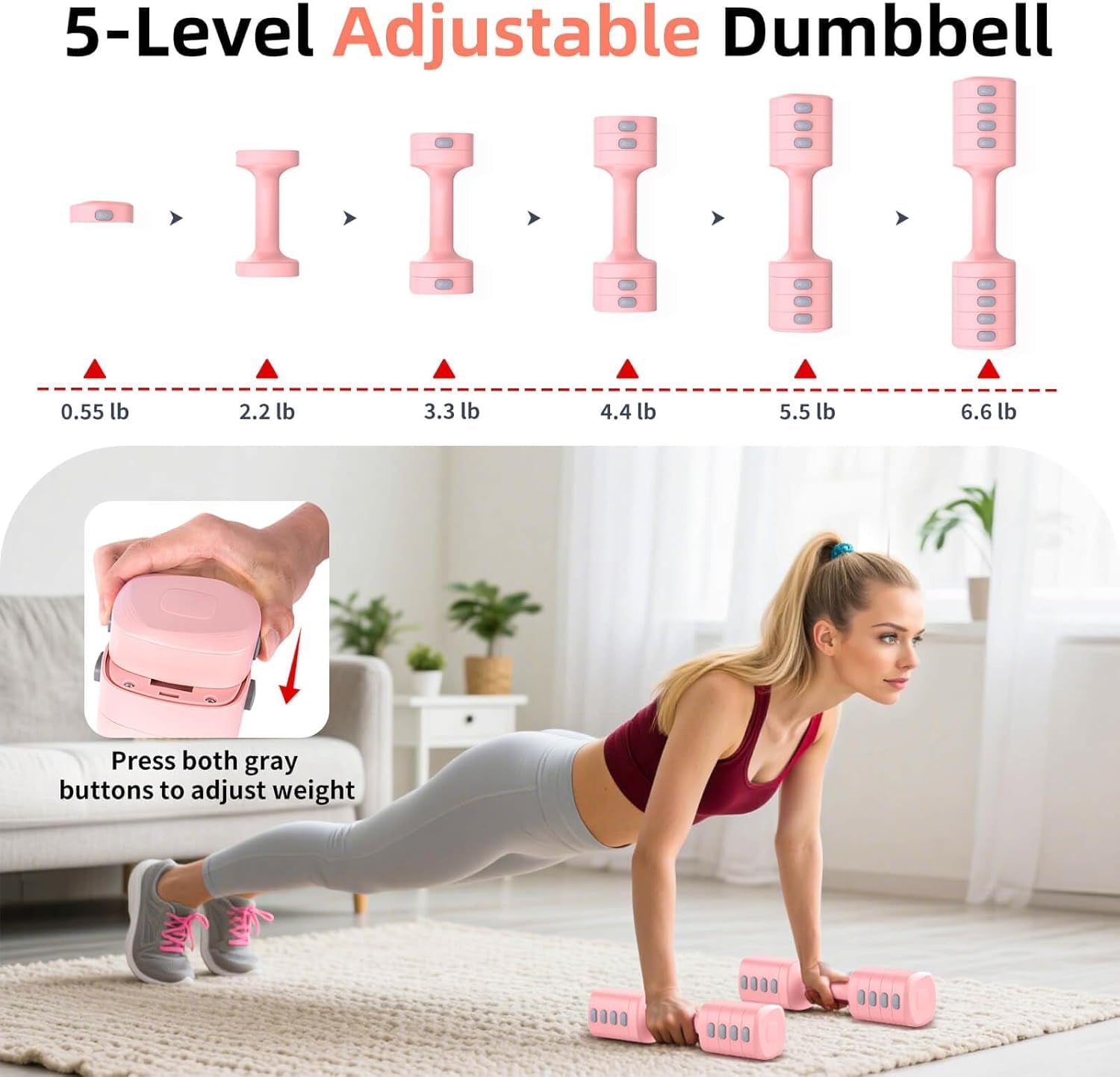2-In-1 Adjustable Dumbbell Set, Upgraded 5 Levels Heavier Hand Weights for Women Men, Each 2.2/3.3/4.4/5.5/6.6Lb, Convertible Weights Dumbbells and Kettlebell Set for Home Gym Exercise & Fitness
