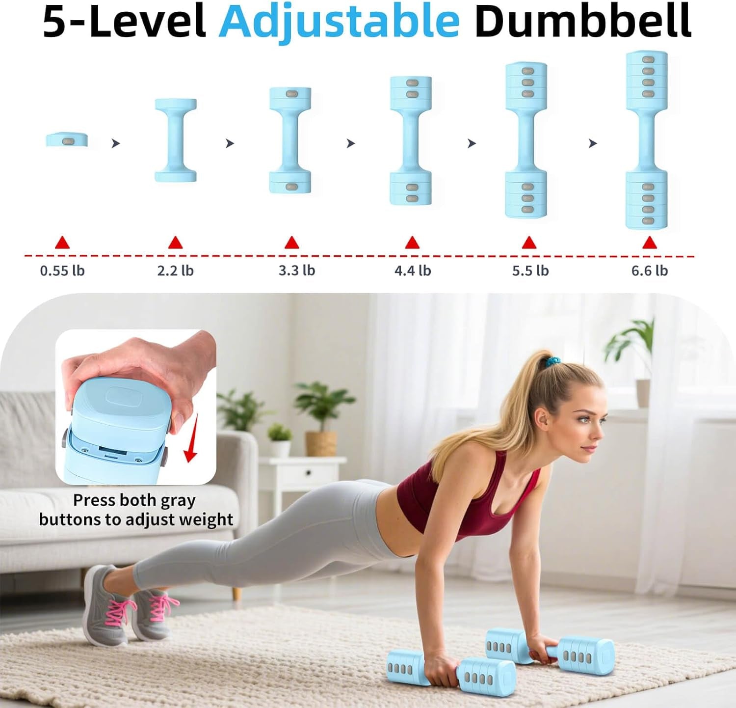2-In-1 Adjustable Dumbbell Set, Upgraded 5 Levels Heavier Hand Weights for Women Men, Each 2.2/3.3/4.4/5.5/6.6Lb, Convertible Weights Dumbbells and Kettlebell Set for Home Gym Exercise & Fitness