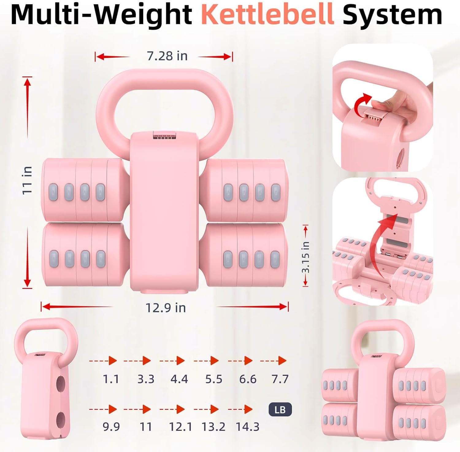 2-In-1 Adjustable Dumbbell Set, Upgraded 5 Levels Heavier Hand Weights for Women Men, Each 2.2/3.3/4.4/5.5/6.6Lb, Convertible Weights Dumbbells and Kettlebell Set for Home Gym Exercise & Fitness