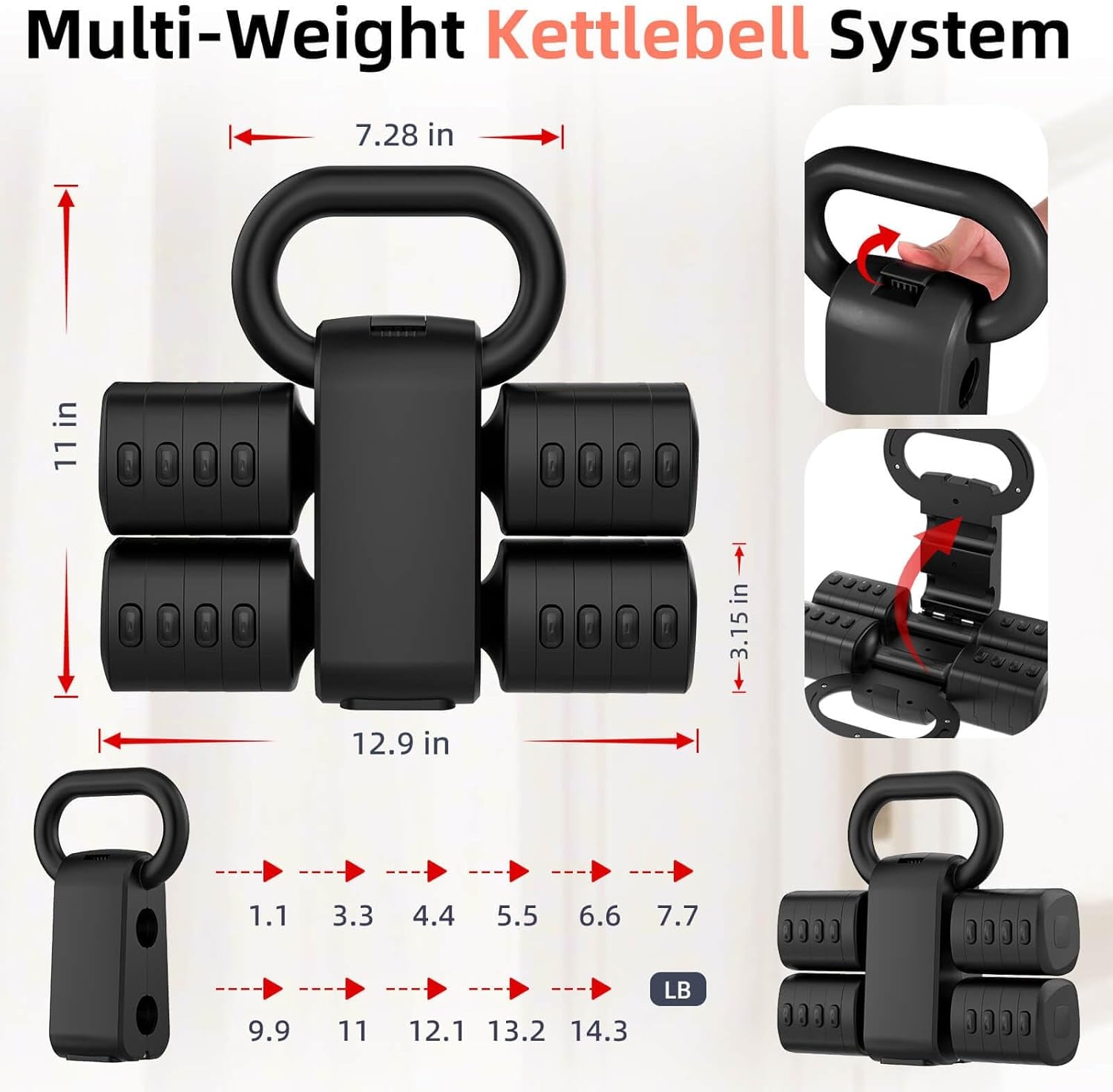 2-In-1 Adjustable Dumbbell Set, Upgraded 5 Levels Heavier Hand Weights for Women Men, Each 2.2/3.3/4.4/5.5/6.6Lb, Convertible Weights Dumbbells and Kettlebell Set for Home Gym Exercise & Fitness