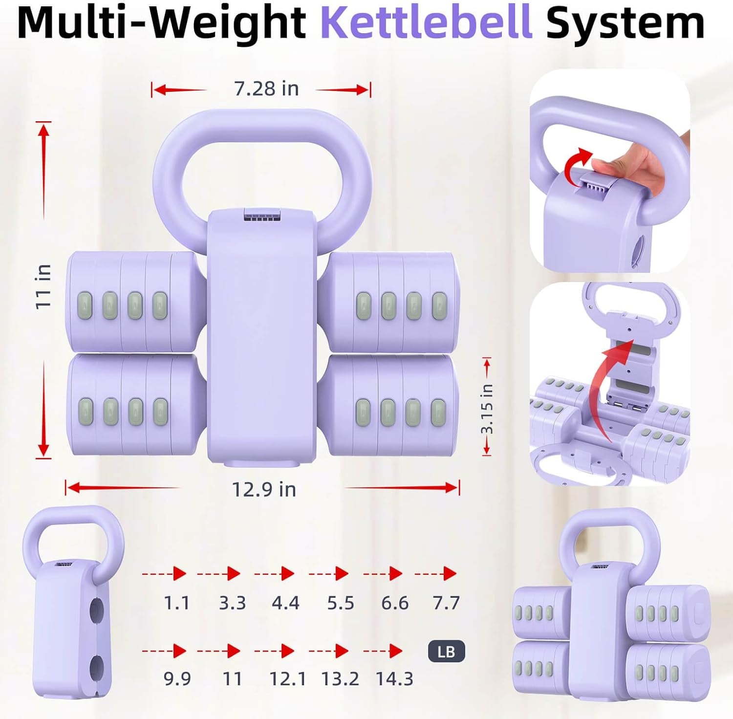 2-In-1 Adjustable Dumbbell Set, Upgraded 5 Levels Heavier Hand Weights for Women Men, Each 2.2/3.3/4.4/5.5/6.6Lb, Convertible Weights Dumbbells and Kettlebell Set for Home Gym Exercise & Fitness