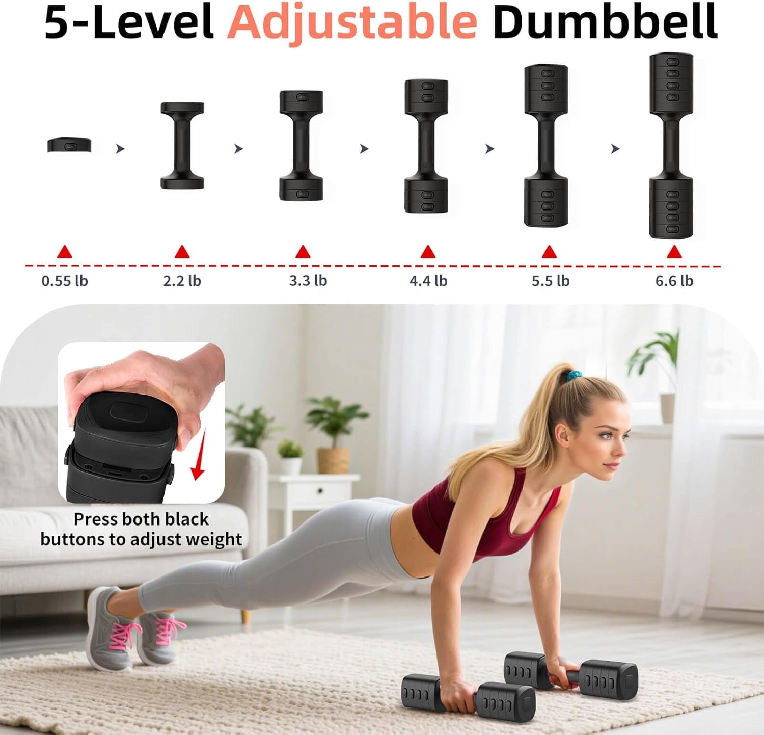 2-In-1 Adjustable Dumbbell Set, Upgraded 5 Levels Heavier Hand Weights for Women Men, Each 2.2/3.3/4.4/5.5/6.6Lb, Convertible Weights Dumbbells and Kettlebell Set for Home Gym Exercise & Fitness